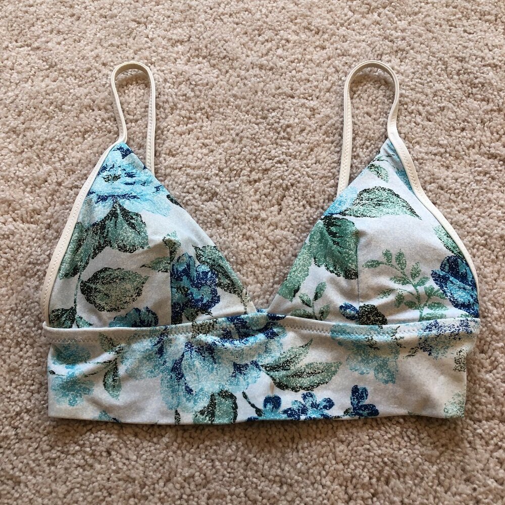 Aerie Triangle Adjustable Padded Bikini Top White Blue Green Floral Top